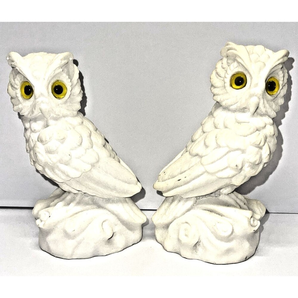 2 Vintage White Alabaster Horned Owl Figurines 5” w/ Yellow Eyes - Made in Italy
